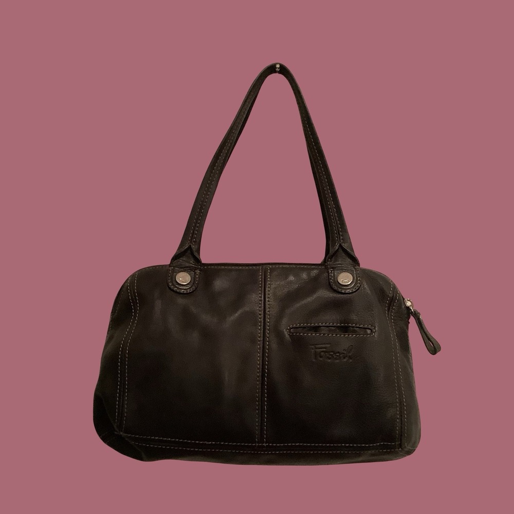 Fossil Dark Brown Leather Purse Duffle Style Bag - Picture 2 of 12